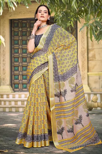 Yellow linen cotton woven border printed saree