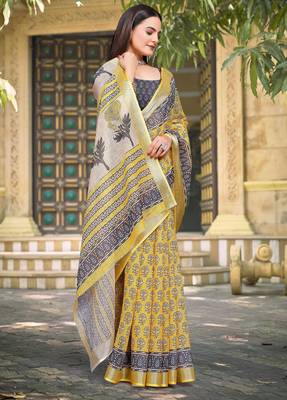 Yellow linen cotton woven border printed saree 5