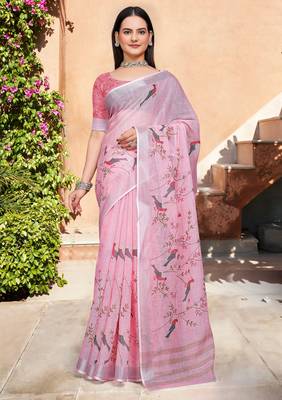 Pink printed saree with woven border 1