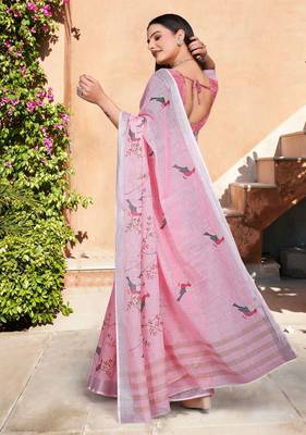 Pink printed saree with woven border 2