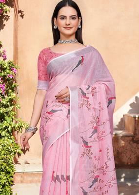 Pink printed saree with woven border 3
