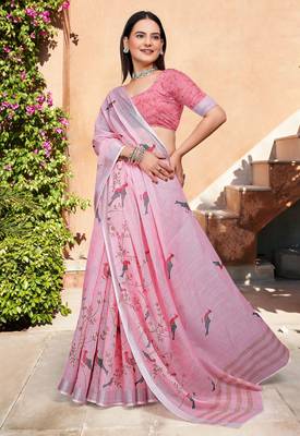 Pink printed saree with woven border 5