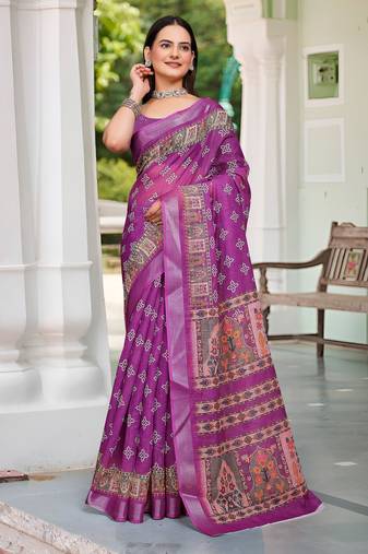 Purple printed saree with woven border