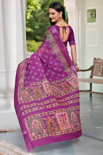 Purple printed saree with woven border