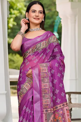 Purple printed saree with woven border