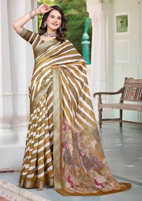 Brown printed saree with woven border 1