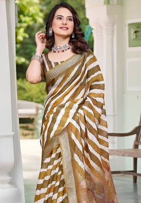 Brown printed saree with woven border 3