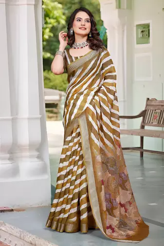 Brown printed saree with woven border