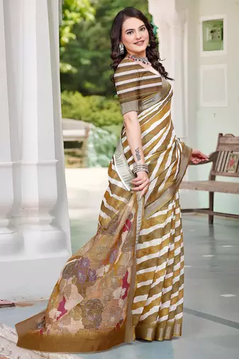 Brown printed saree with woven border