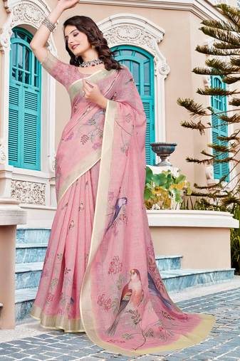 Pink printed saree with woven border