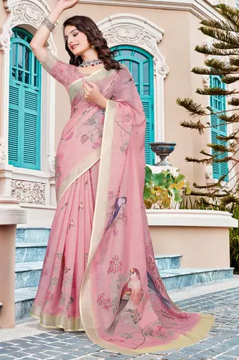 Pink printed saree with woven border