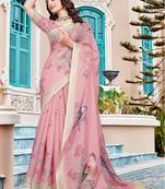Pink printed saree with woven border