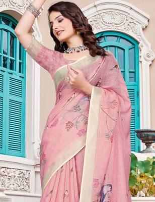 Pink printed saree with woven border 3