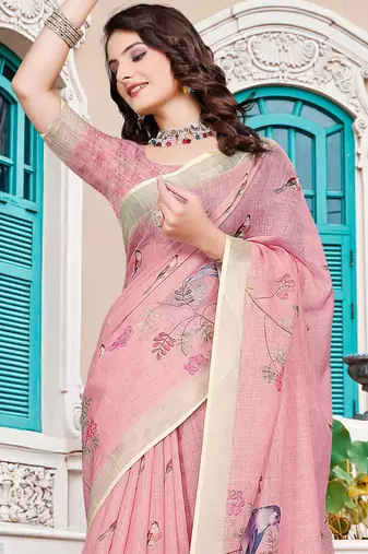 Pink printed saree with woven border