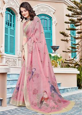 Pink printed saree with woven border 4
