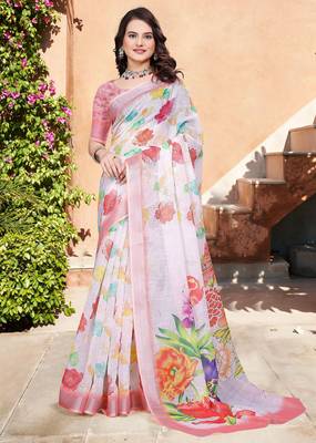 Off white printed saree with woven border 1