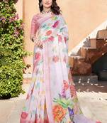 Off white printed saree with woven border