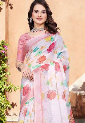 Off white printed saree with woven border 3