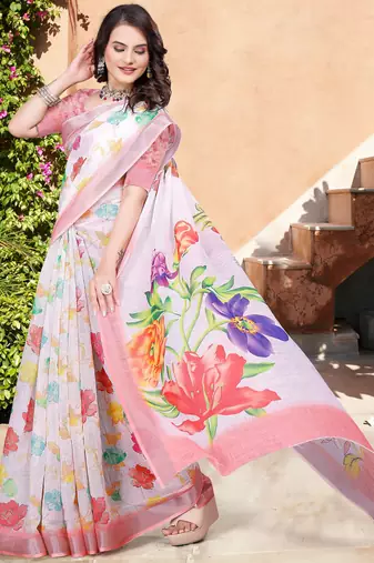 Off white printed saree with woven border