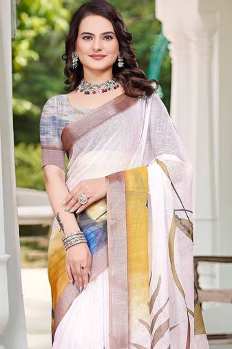 Off white printed saree with woven border