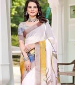 Off white printed saree with woven border
