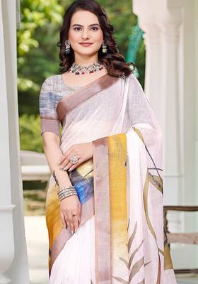 Off white printed saree with woven border 3