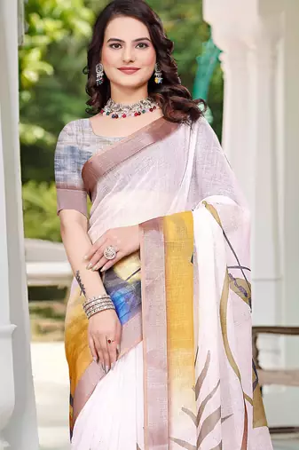 Off white printed saree with woven border