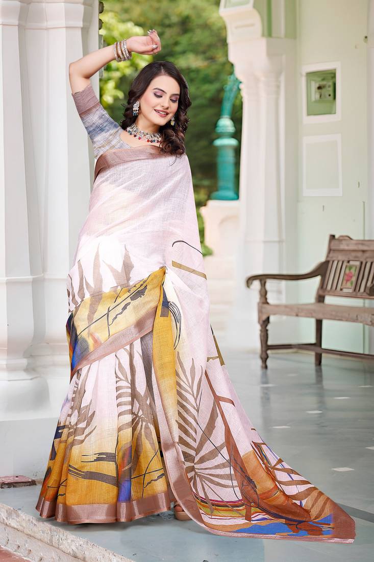 Off white printed saree with woven border