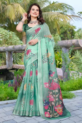 Green printed saree with woven border
