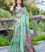 Green printed saree with woven border