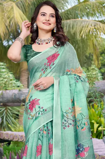 Green printed saree with woven border