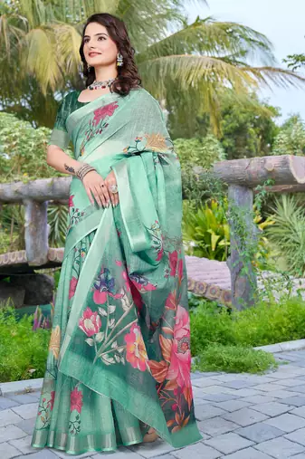 Green printed saree with woven border