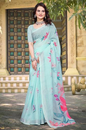 Sea green printed saree with woven border