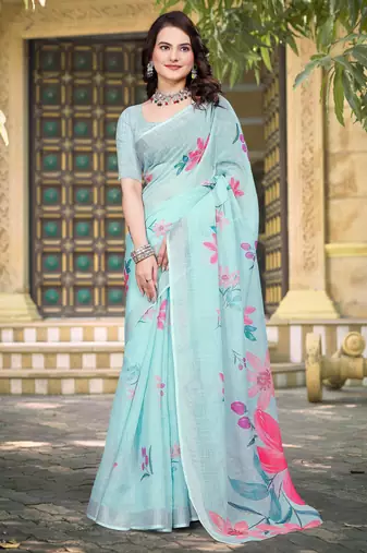 Sea green printed saree with woven border