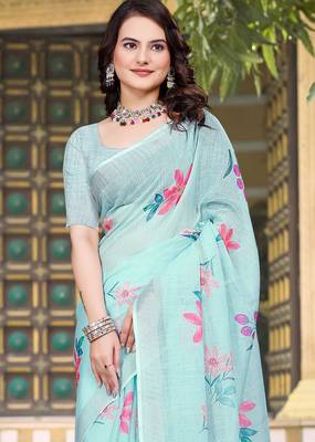 Sea green printed saree with woven border 3