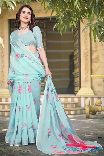 Sea green printed saree with woven border