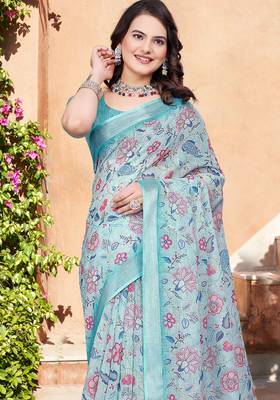 Sea green printed saree with woven border 1