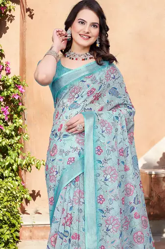 Sea green printed saree with woven border