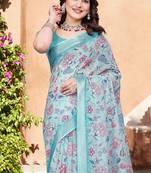 Sea green printed saree with woven border