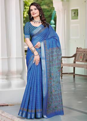 Blue printed saree with woven border 1