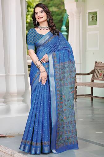 Blue printed saree with woven border