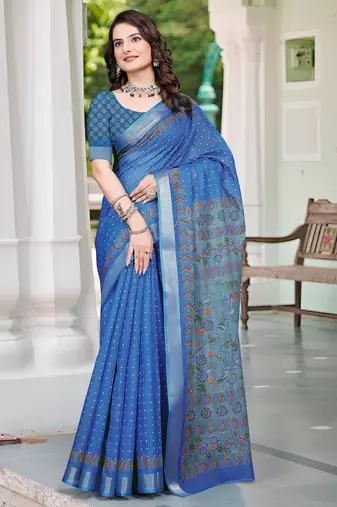 Blue printed saree with woven border