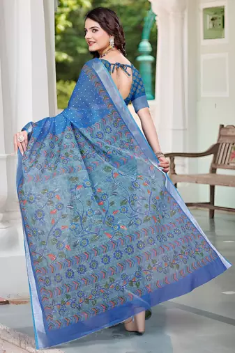 Blue printed saree with woven border