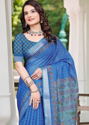 Blue printed saree with woven border 3