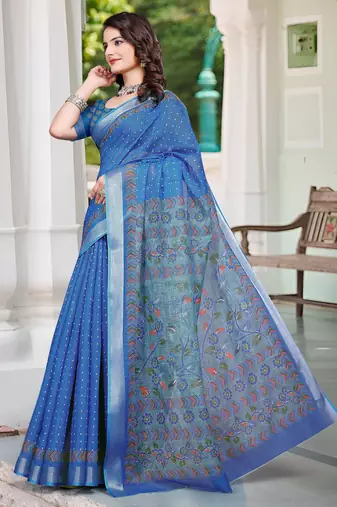 Blue printed saree with woven border