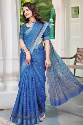 Blue printed saree with woven border