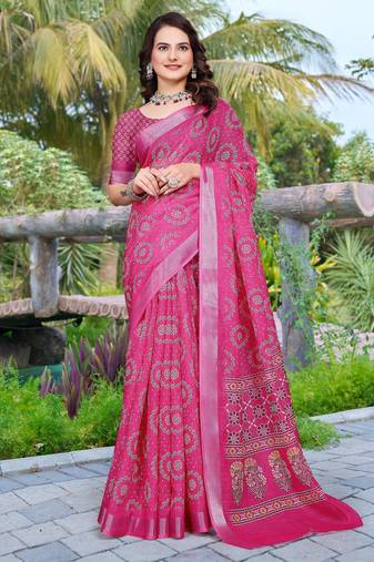 Pink printed saree with woven border