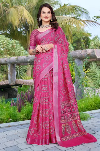 Pink printed saree with woven border