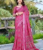 Pink printed saree with woven border