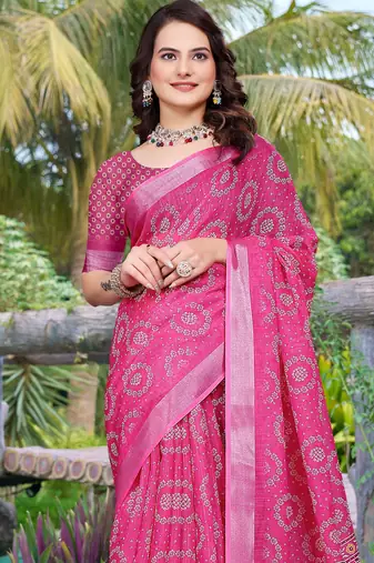 Pink printed saree with woven border